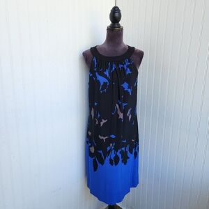 Just Taylor Blue Black Tan Tropical Floral Halter Knee Leghth Tie Back Dress 8
